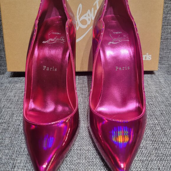 BRAND NEW LOUBOUTIN Metallic Pink Patent Hot Chick 100 Pump IT 38 New &Box &Bag - Picture 2 of 16